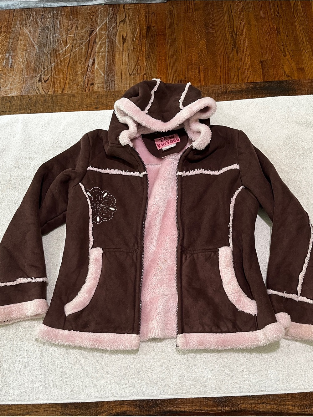 Y2K Girls Brown Pink Faux Fur Trim Jacket Cozy Winter Coat